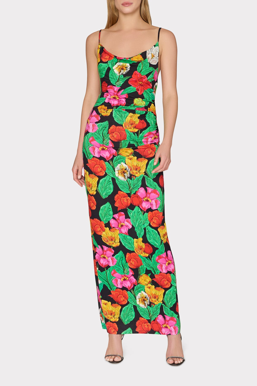 Tulip Rosette Ruched Cowl Neck Midi Dress - Black Multi
