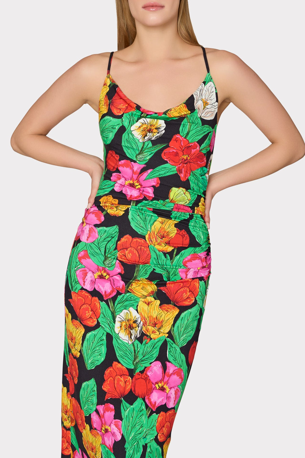 Tulip Rosette Ruched Cowl Neck Midi Dress - Black Multi