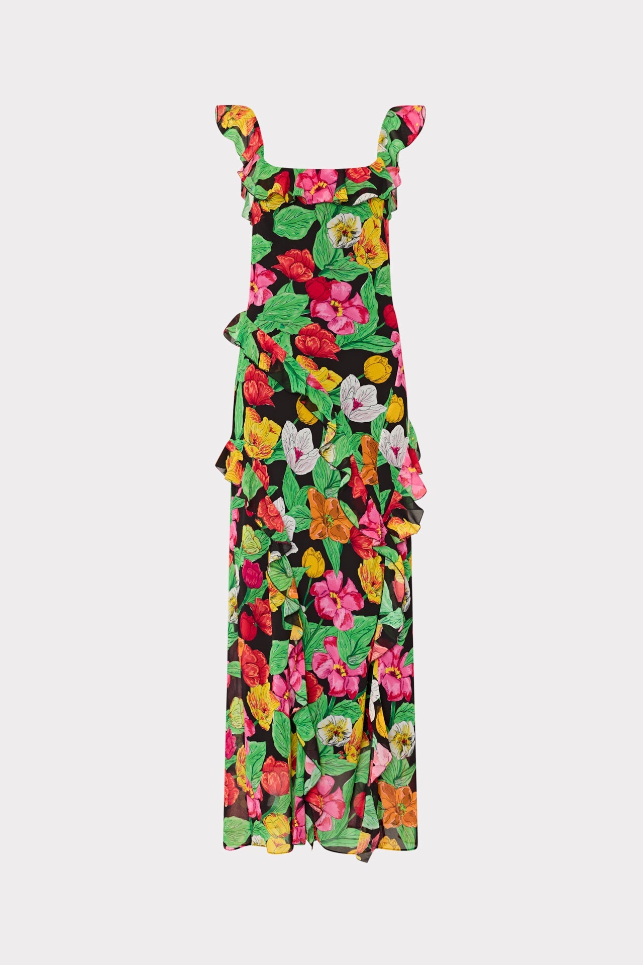Tulip Rosette Ruffle Maxi Dress - Black Multi