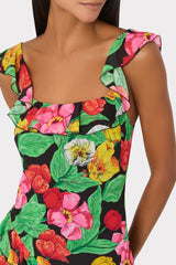 Tulip Rosette Ruffle Maxi Dress - Black Multi