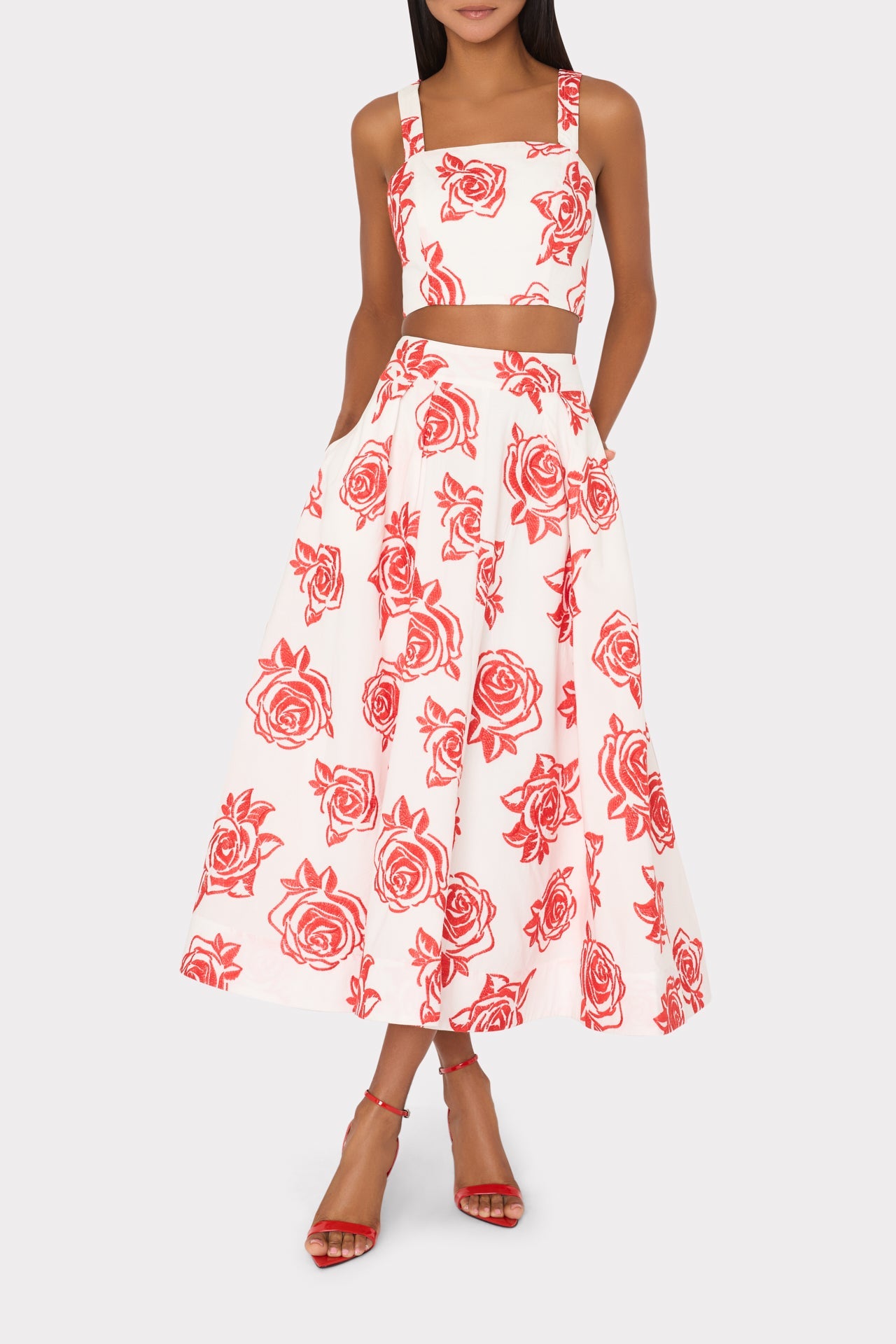 Rose Embroidery Crop Top - Red/White