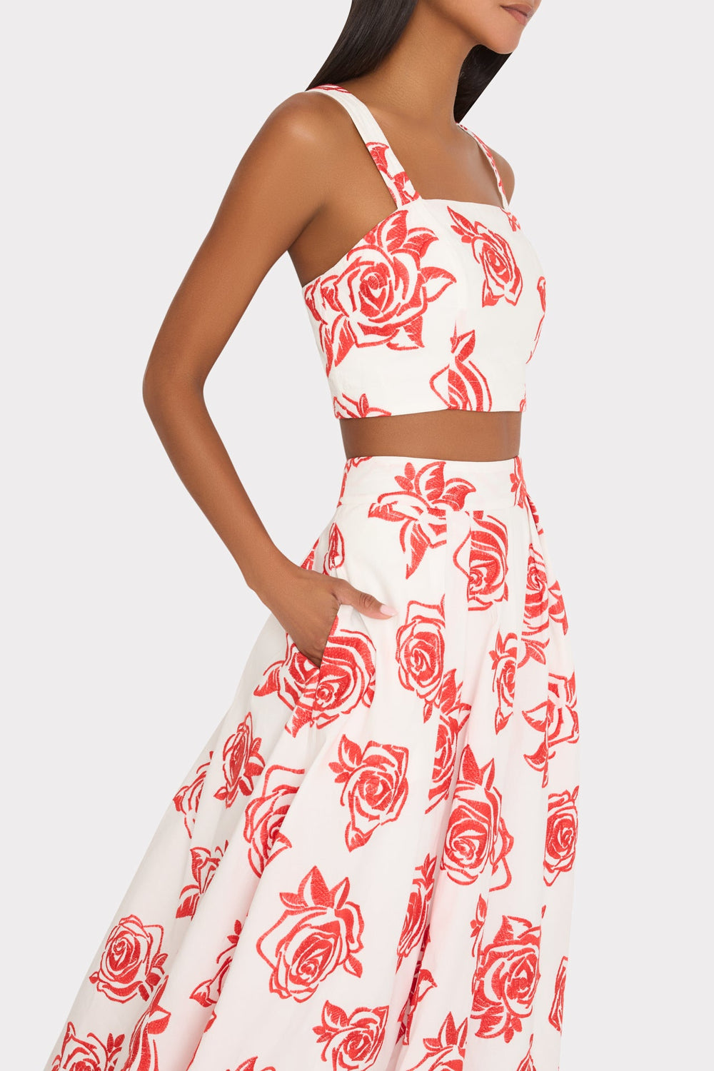 Juliet Rose Embroidery Midi Skirt - Red/White