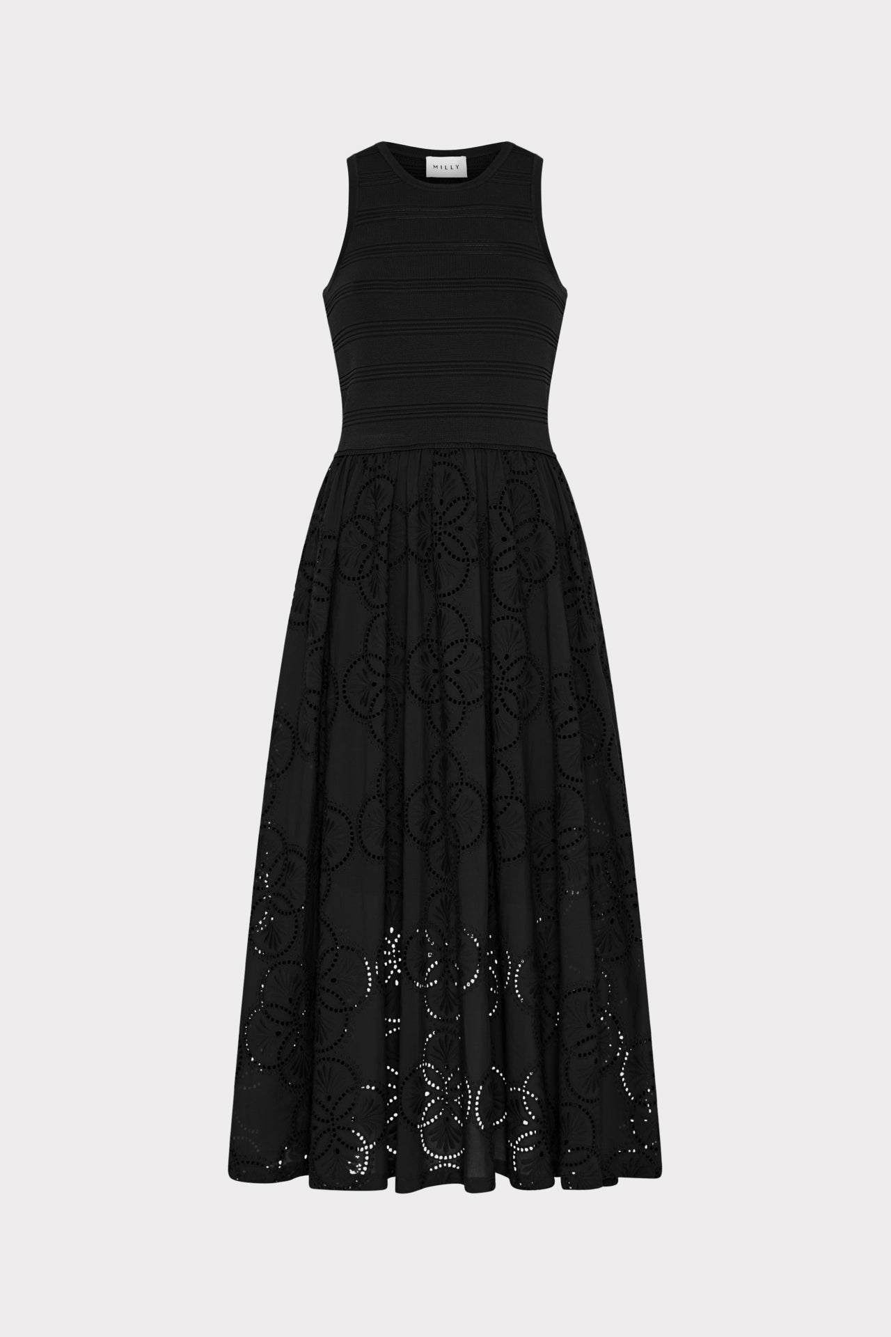 Geo Eyelet Knit Combo Midi Dress - Black