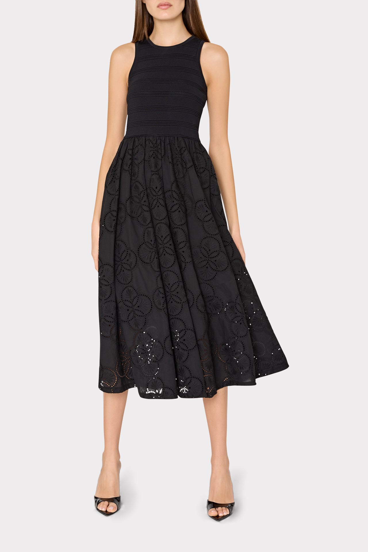 Geo Eyelet Knit Combo Midi Dress - Black