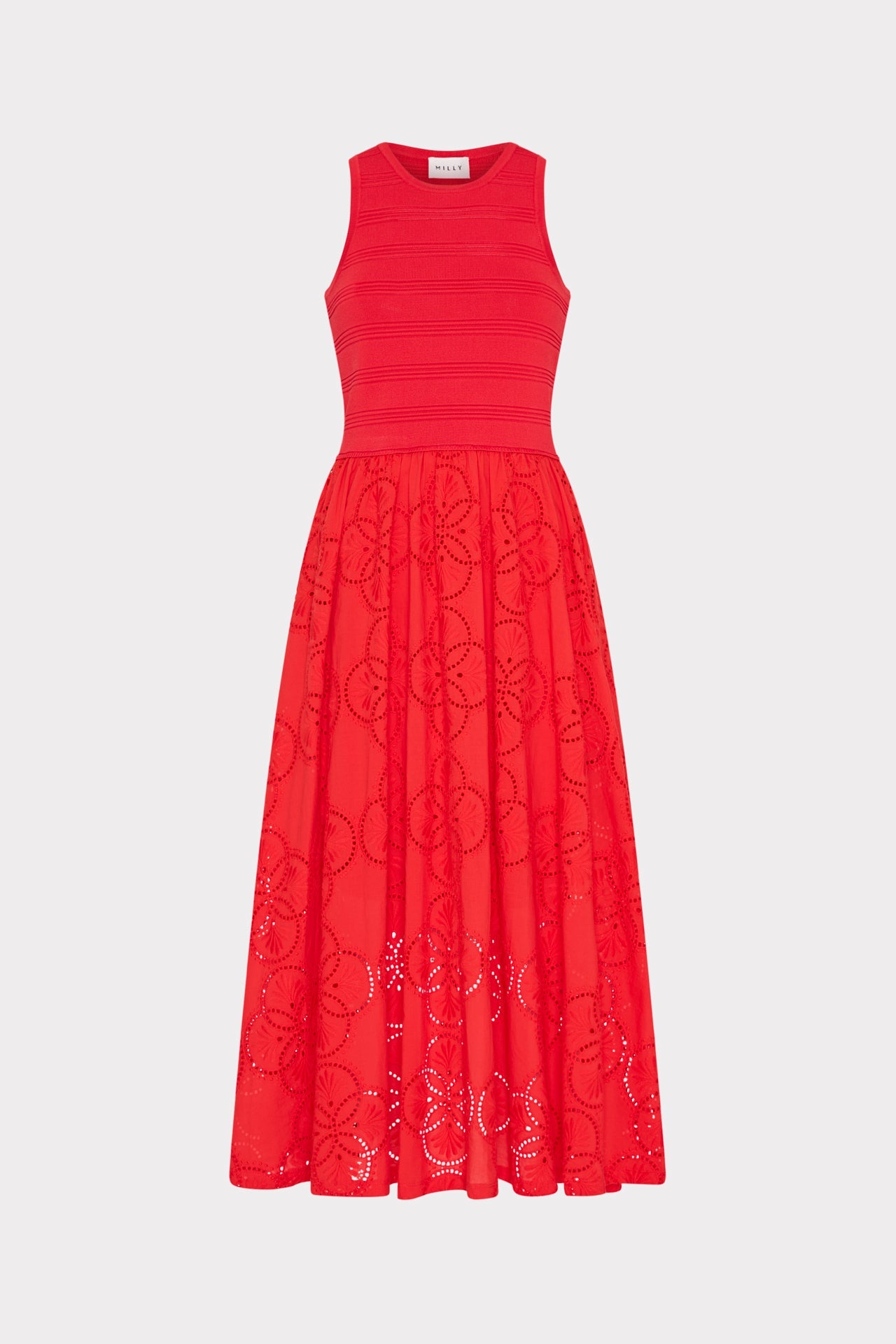 Geo Eyelet Knit Combo Midi Dress - Red