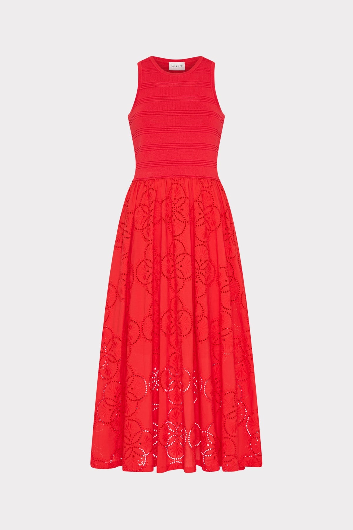 Geo Eyelet Knit Combo Midi Dress - Red