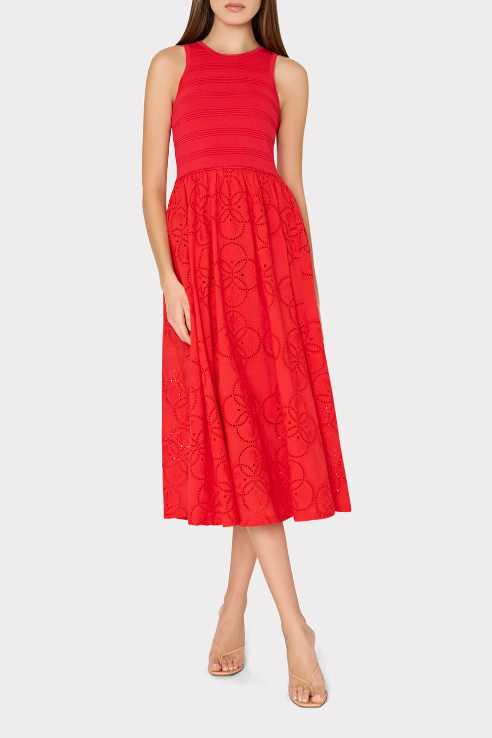 Geo Eyelet Knit Combo Midi Dress - Red