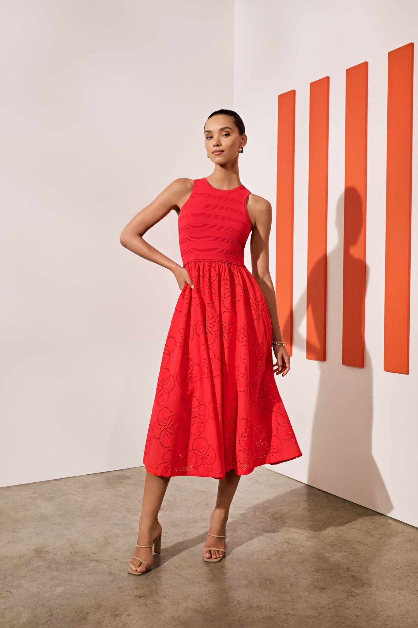 Geo Eyelet Knit Combo Midi Dress - Red
