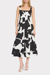 Grand Foliage Poplin Midi Dress - Black/White
