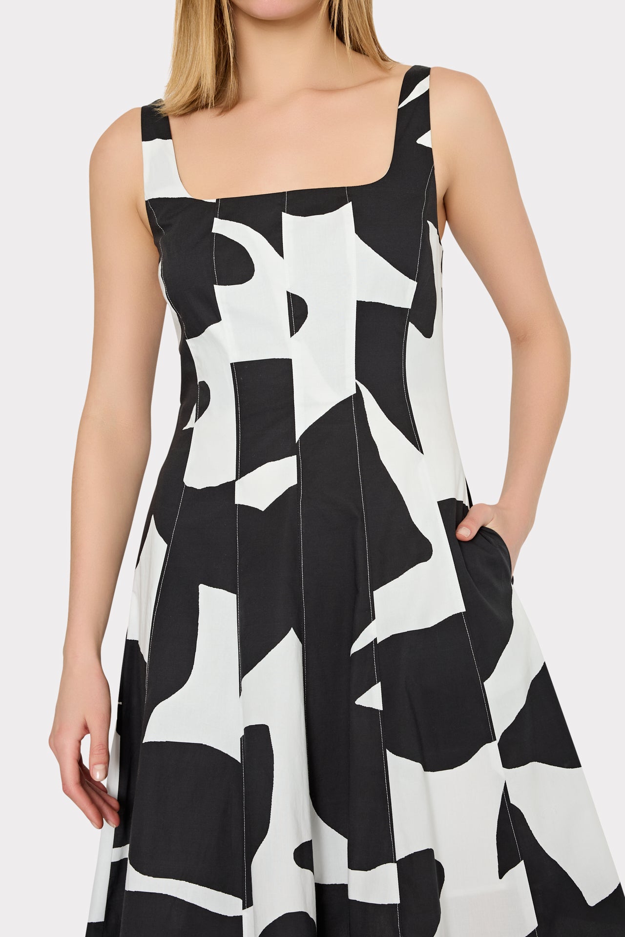 Grand Foliage Poplin Midi Dress - Black/White