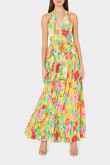Oria Tulip Rosette Pleated Dress - Yellow Multi