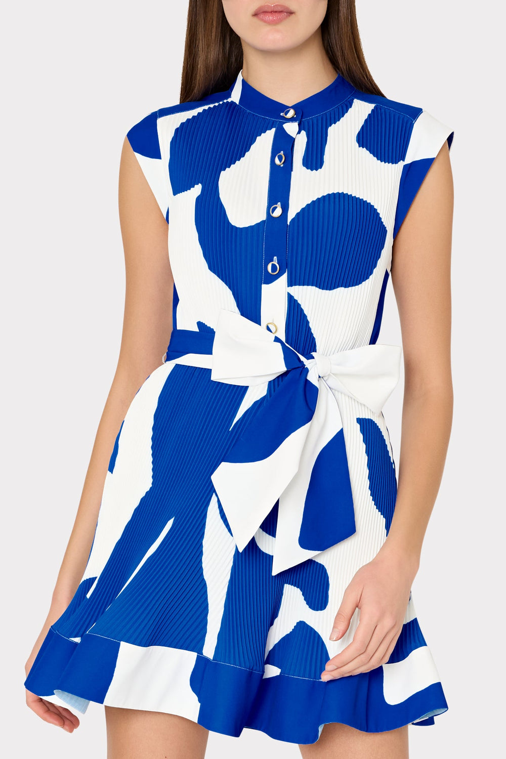 Joan Grand Foliage Pleated Dress - Blue/White