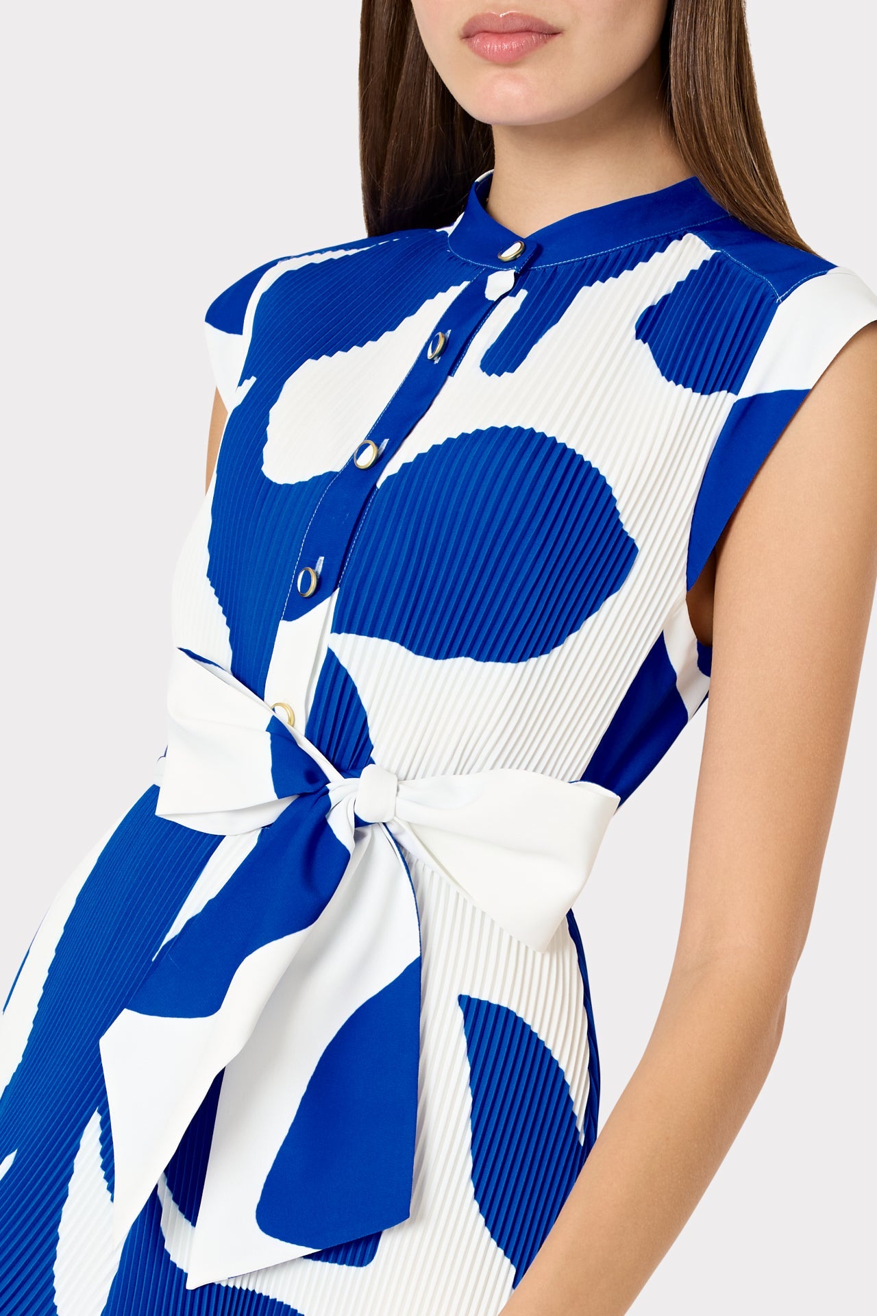 Joan Grand Foliage Pleated Dress - Blue/White
