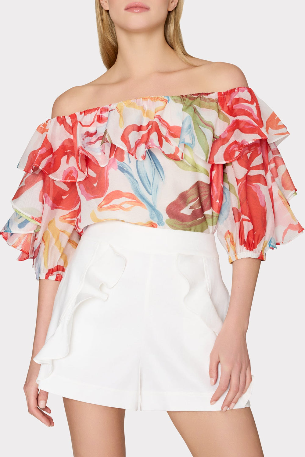 Floraison Rouge Organza Ruffle Top - Red Multi