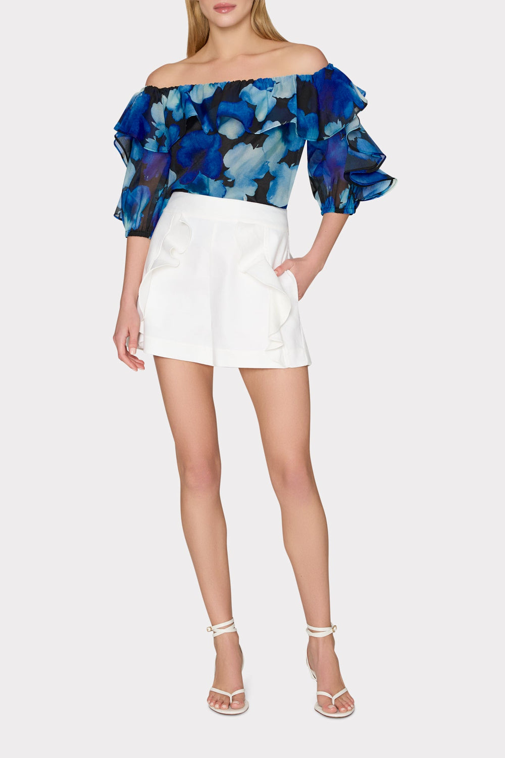 Watercolor Petals Organza Ruffle Top - Blue Multi