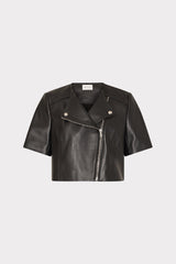 Cropped Short Sleeve Moto Jacket - Black