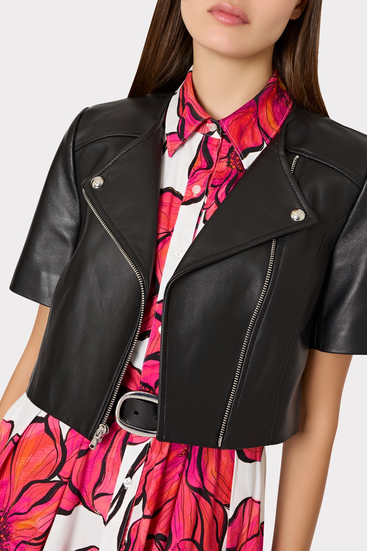 Cropped Short Sleeve Moto Jacket - Black