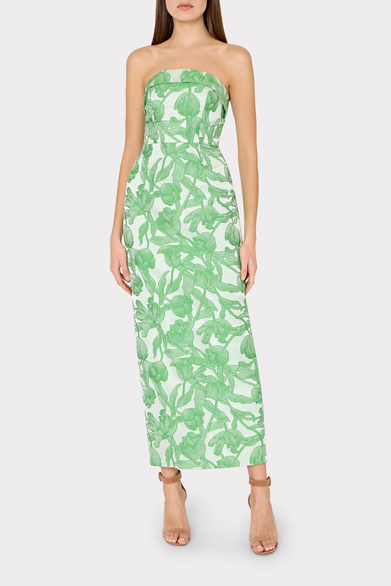 Tulip Jacquard Strapless Dress - Green Multi