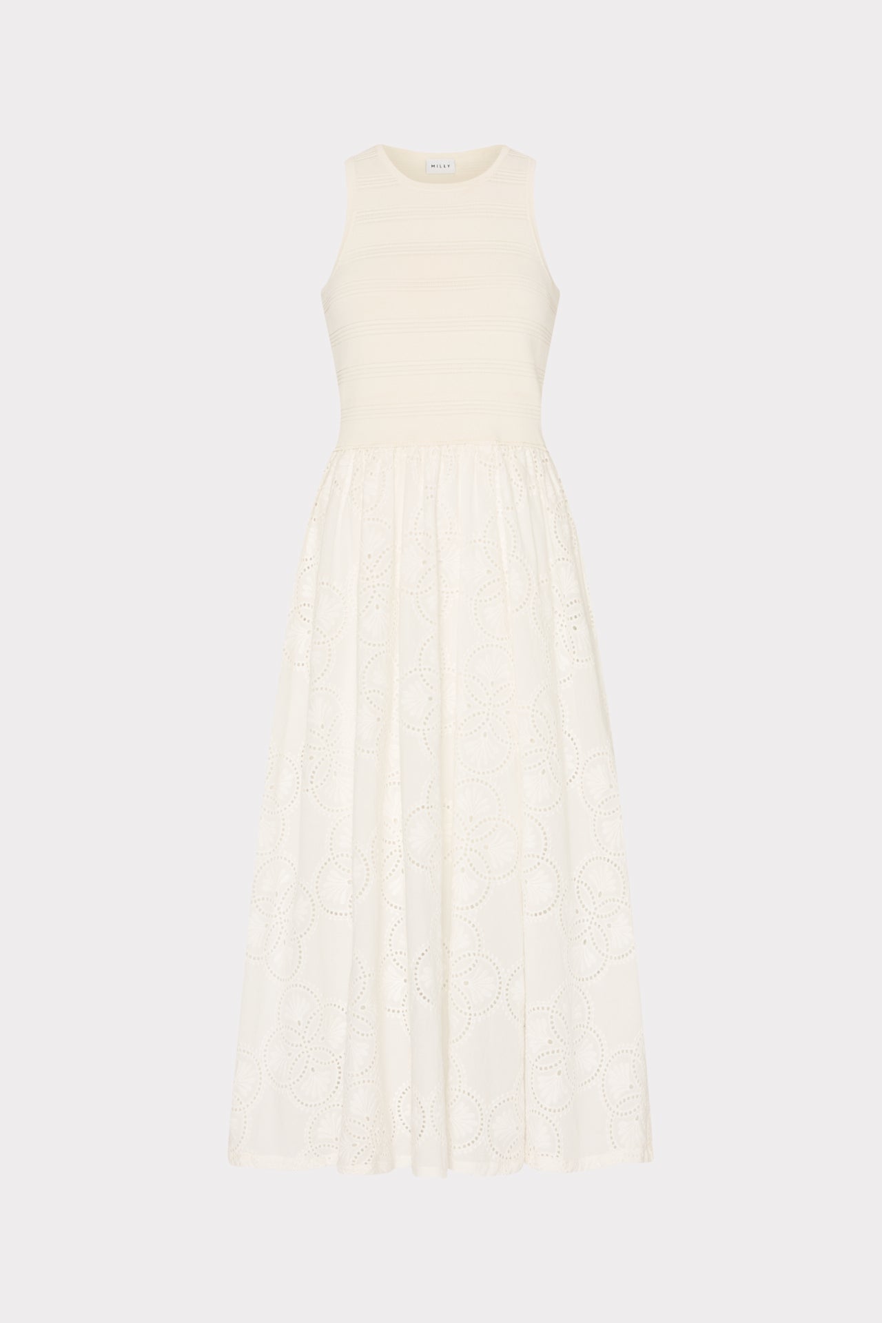 Geo Eyelet Knit Combo Midi Dress - Ecru