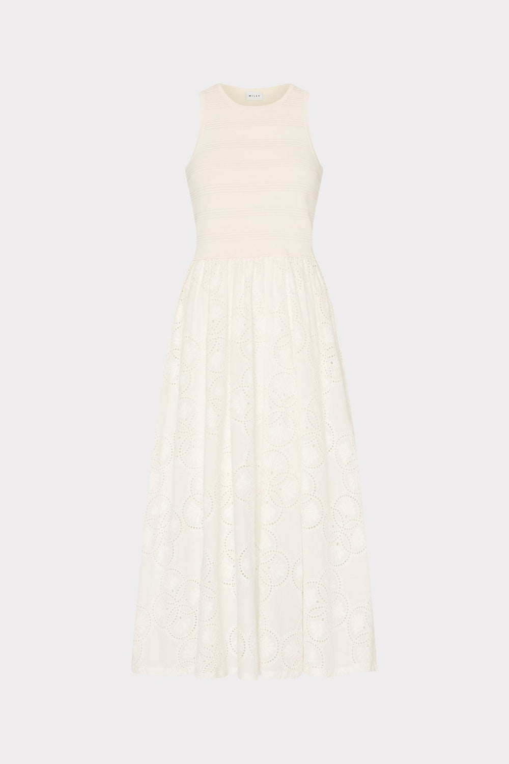 Geo Eyelet Knit Combo Midi Dress - Ecru