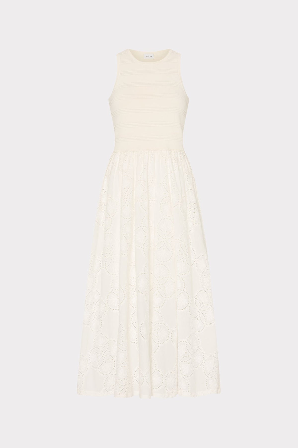 Geo Eyelet Knit Combo Midi Dress - Ecru