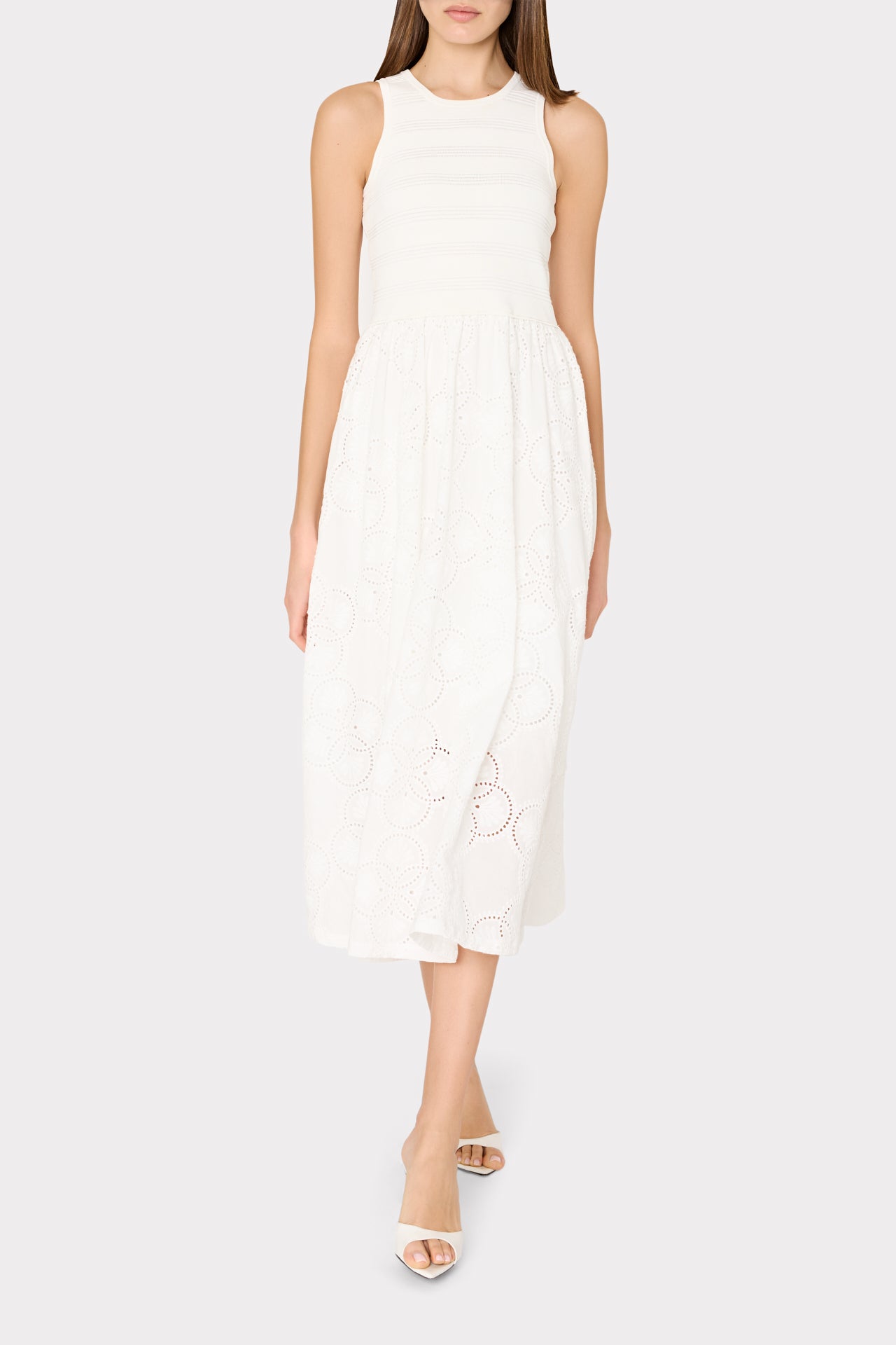 Geo Eyelet Knit Combo Midi Dress - Ecru