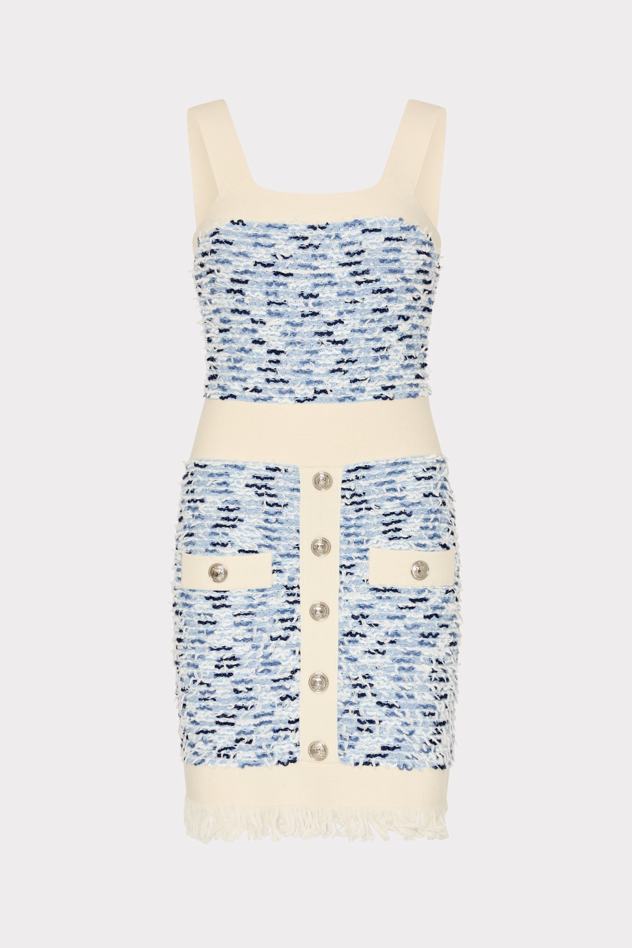 Fringed Textured Knit Mini Dress - Blue Multi