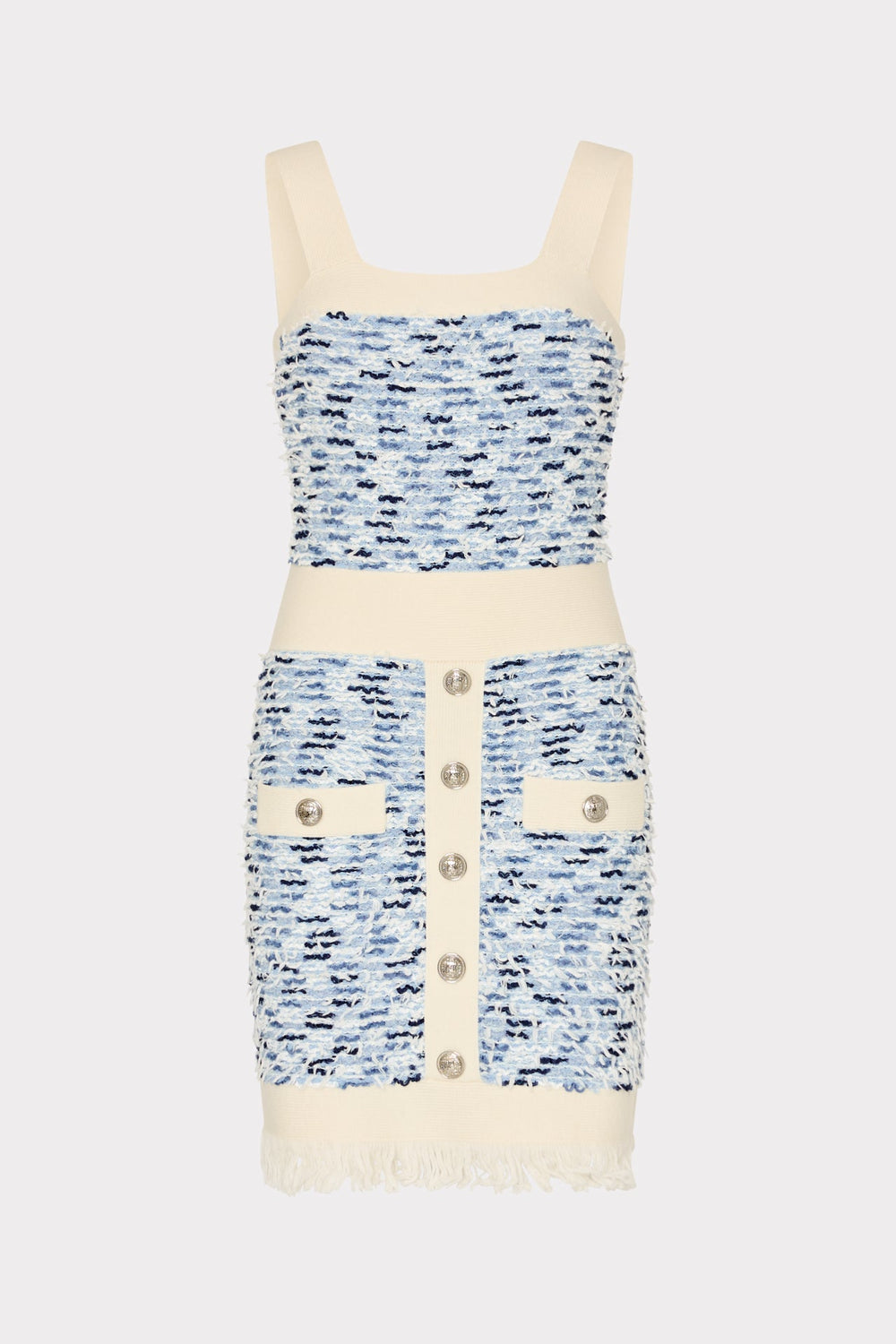 Fringed Textured Knit Mini Dress - Blue Multi
