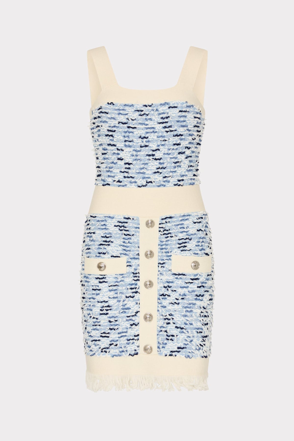 Fringed Textured Knit Mini Dress - Blue Multi