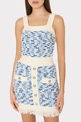 Fringed Textured Knit Mini Dress - Blue Multi