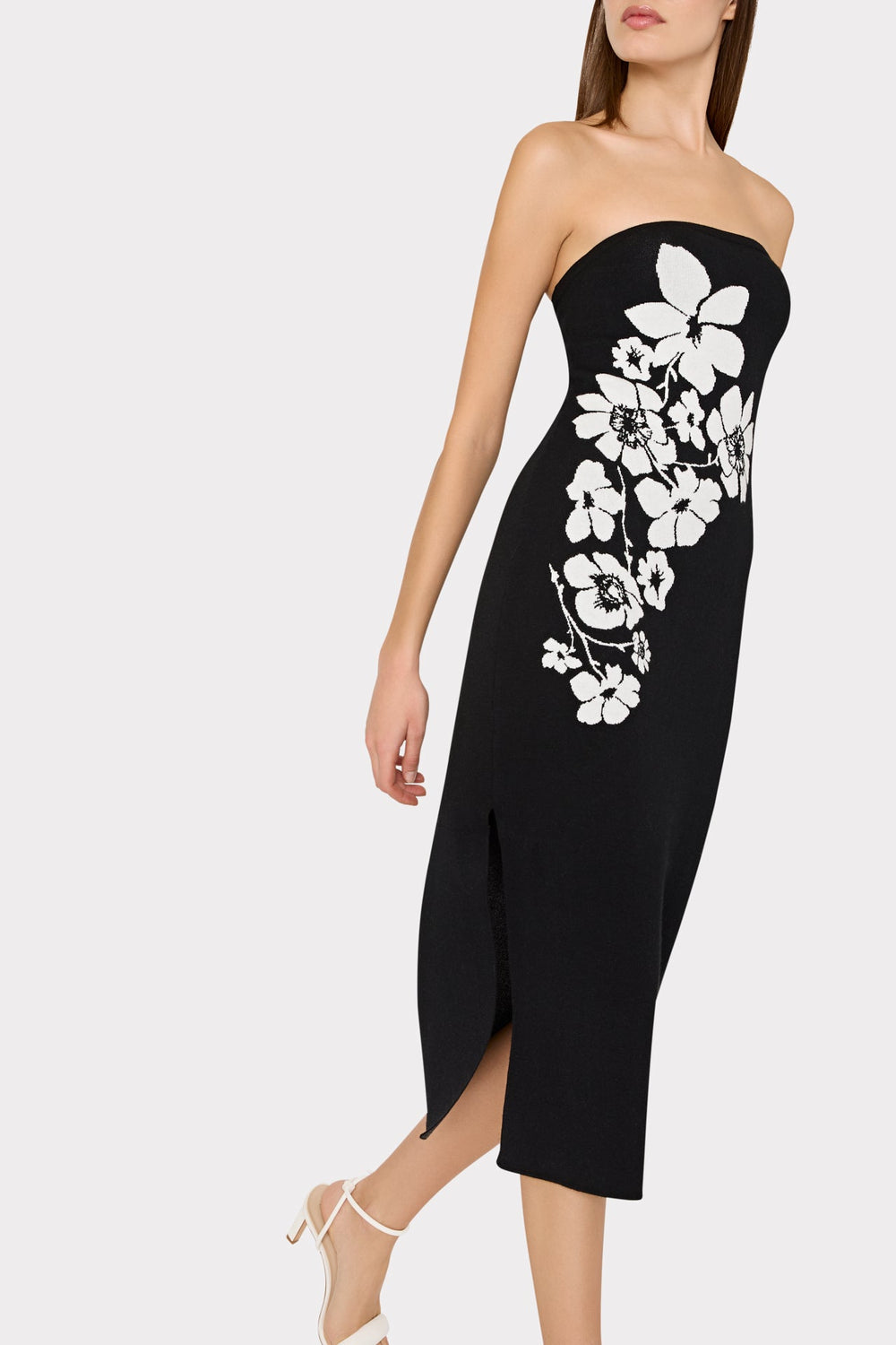 Placed Floral Strapless Knit Midi Dress - Black/Ecru
