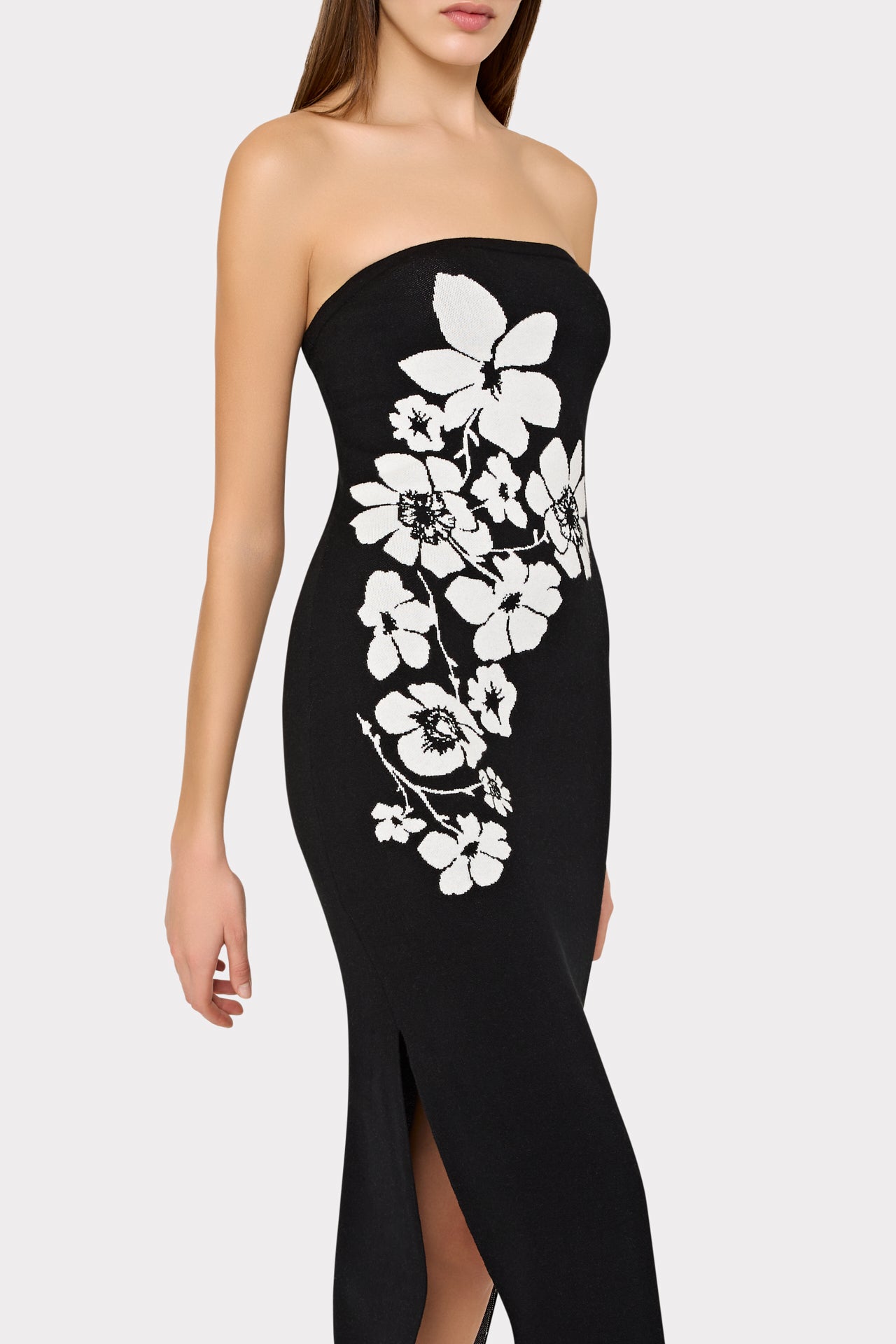 Placed Floral Strapless Knit Midi Dress - Black/Ecru