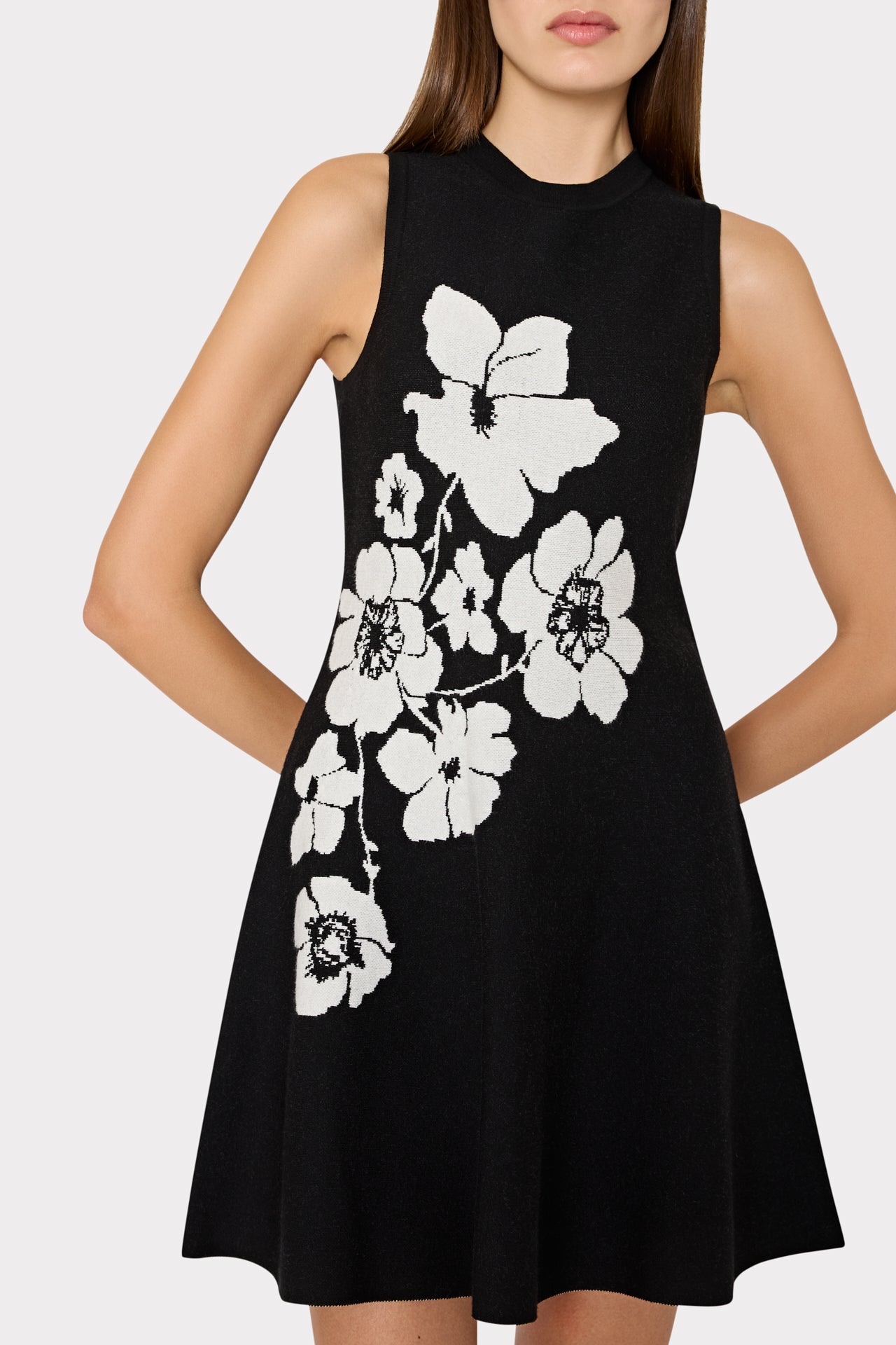 Floral Flare Knit Mini Dress - Black/Ecru