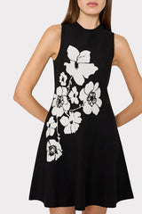 Floral Flare Knit Mini Dress - Black/Ecru