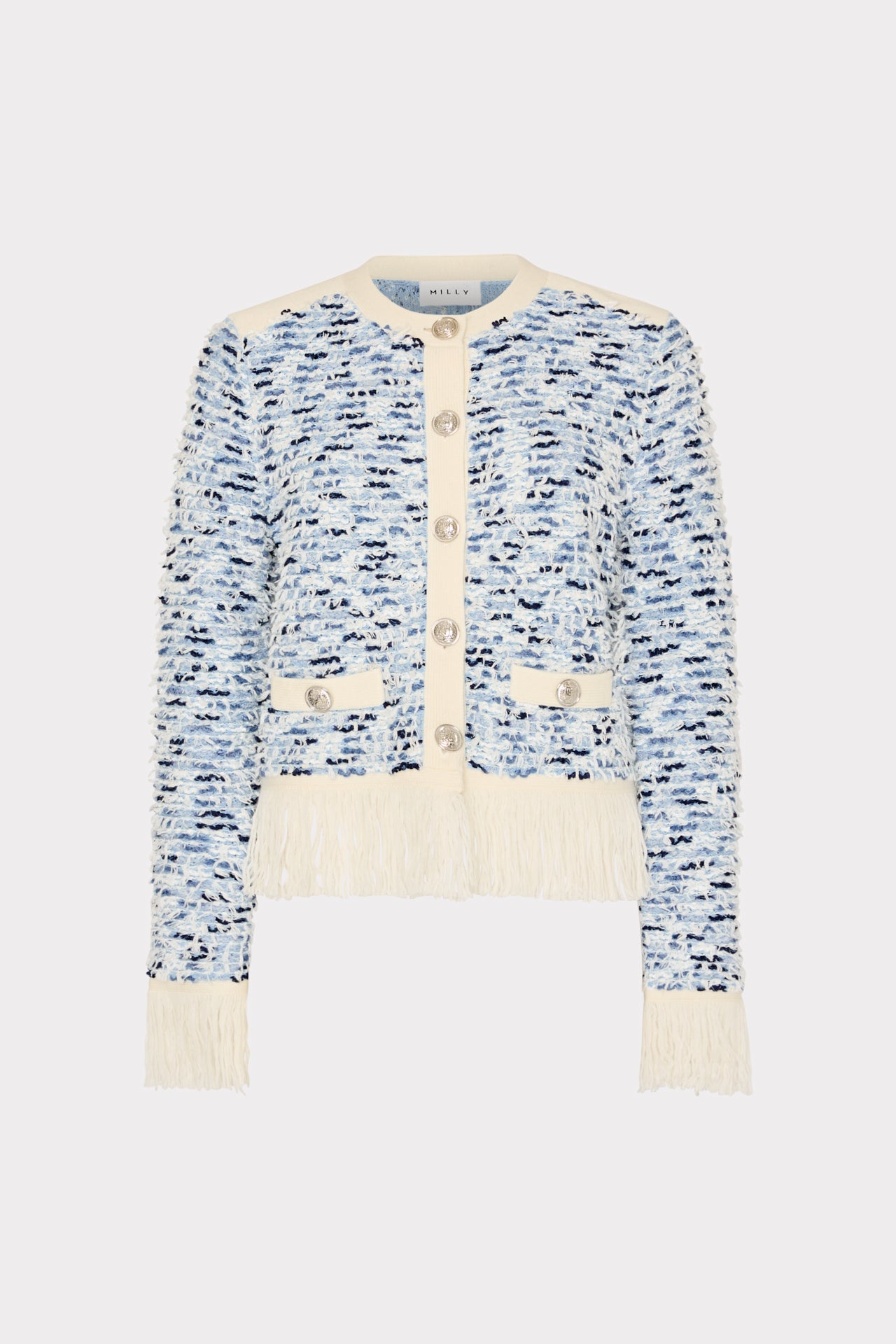 Textured Fringe Trim Cardigan - Blue Multi