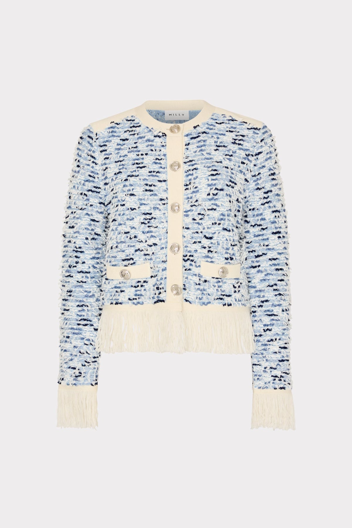 Textured Fringe Trim Cardigan - Blue Multi