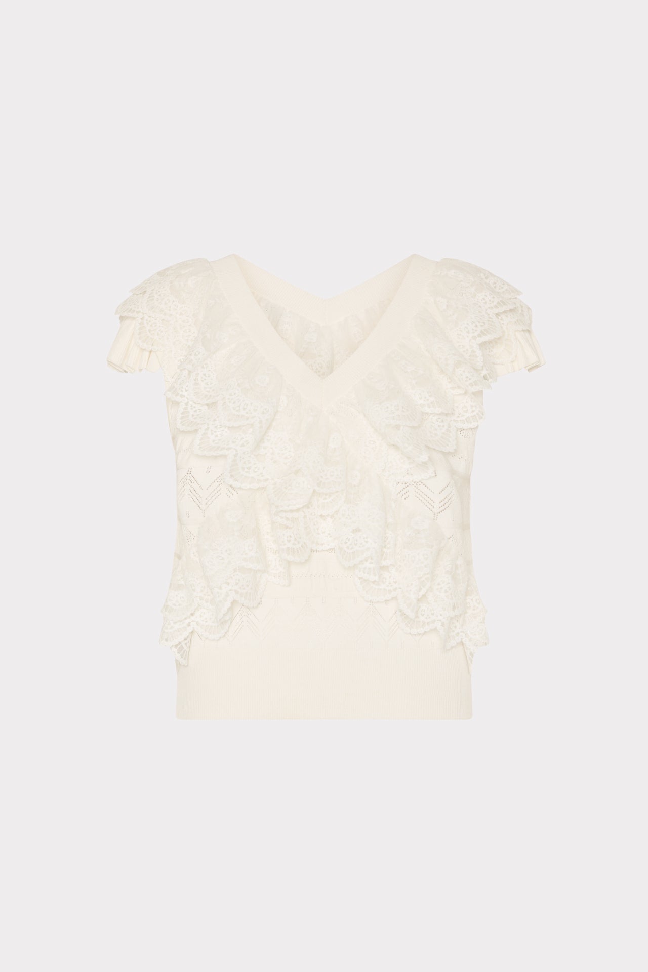 Lace Ruffle Knit V-Neck Top - Ecru