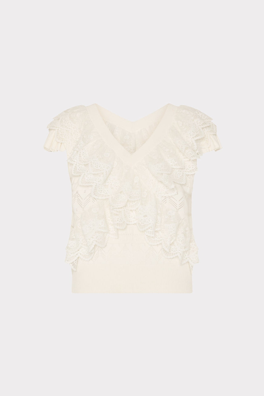 Lace Ruffle Knit V-Neck Top - Ecru
