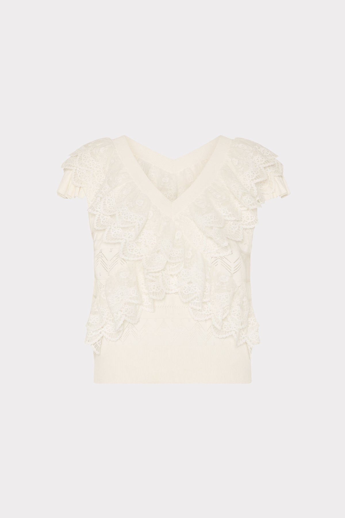Lace Ruffle Knit V-Neck Top - Ecru