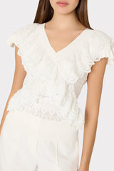 Lace Ruffle Knit V-Neck Top - Ecru