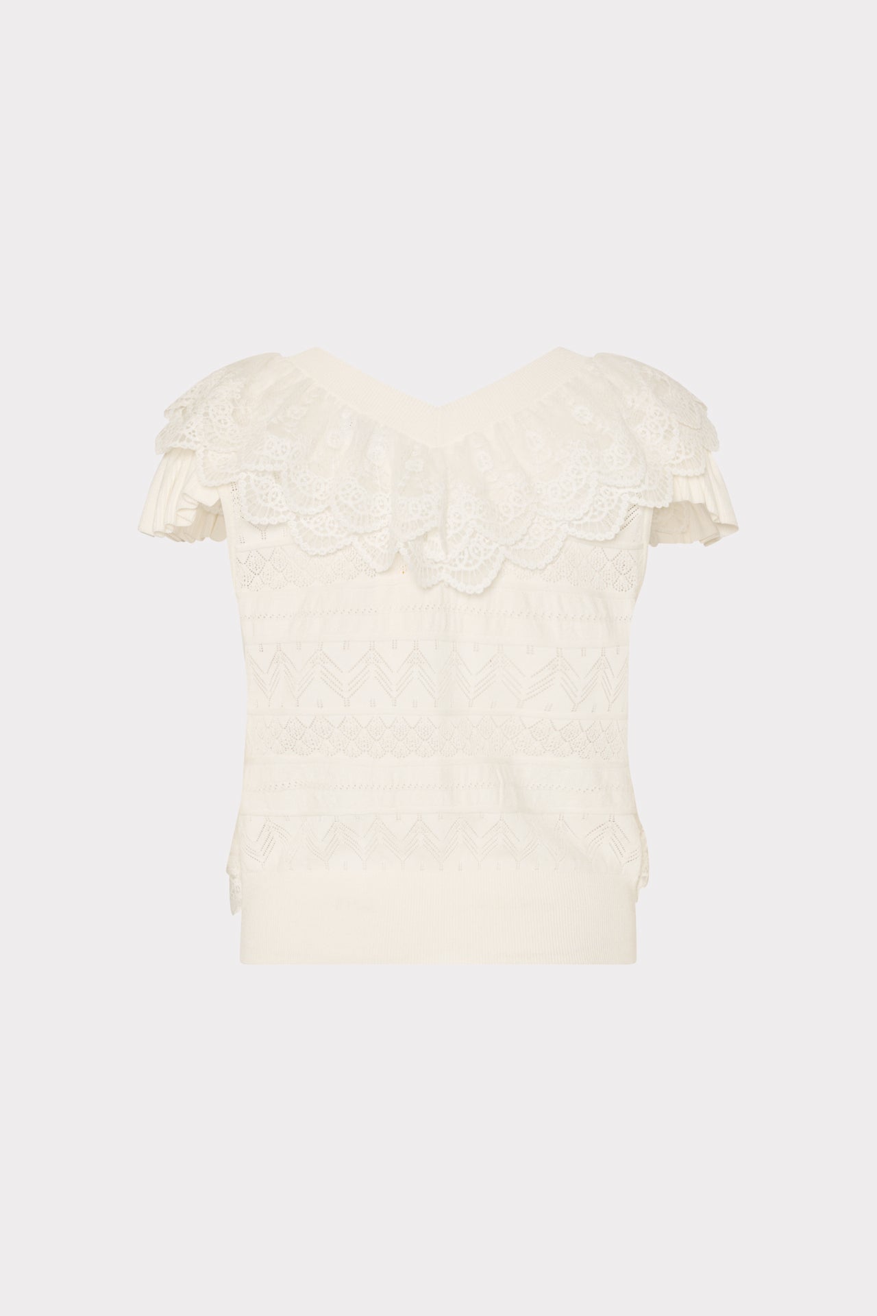 Lace Ruffle Knit V-Neck Top - Ecru