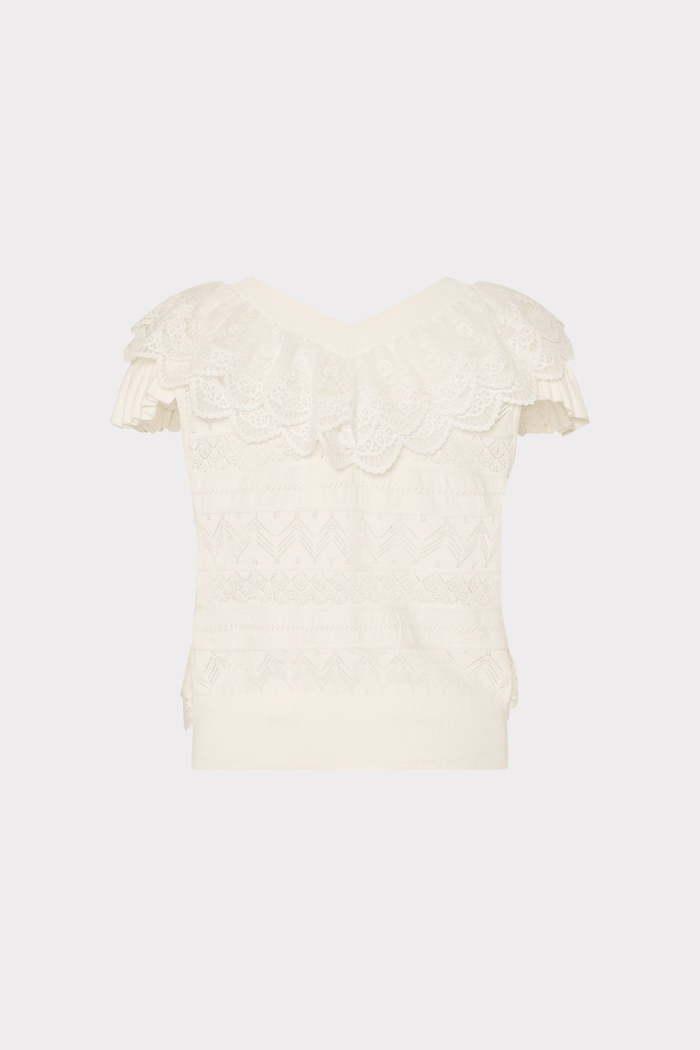 Lace Ruffle Knit V-Neck Top - Ecru