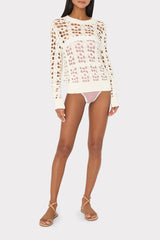 Open Knit Sequin Crewneck Sweater - Ecru