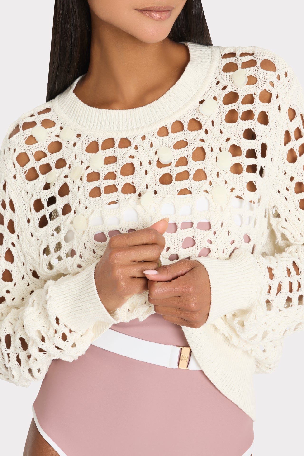 Open Knit Sequin Crewneck Sweater - Ecru