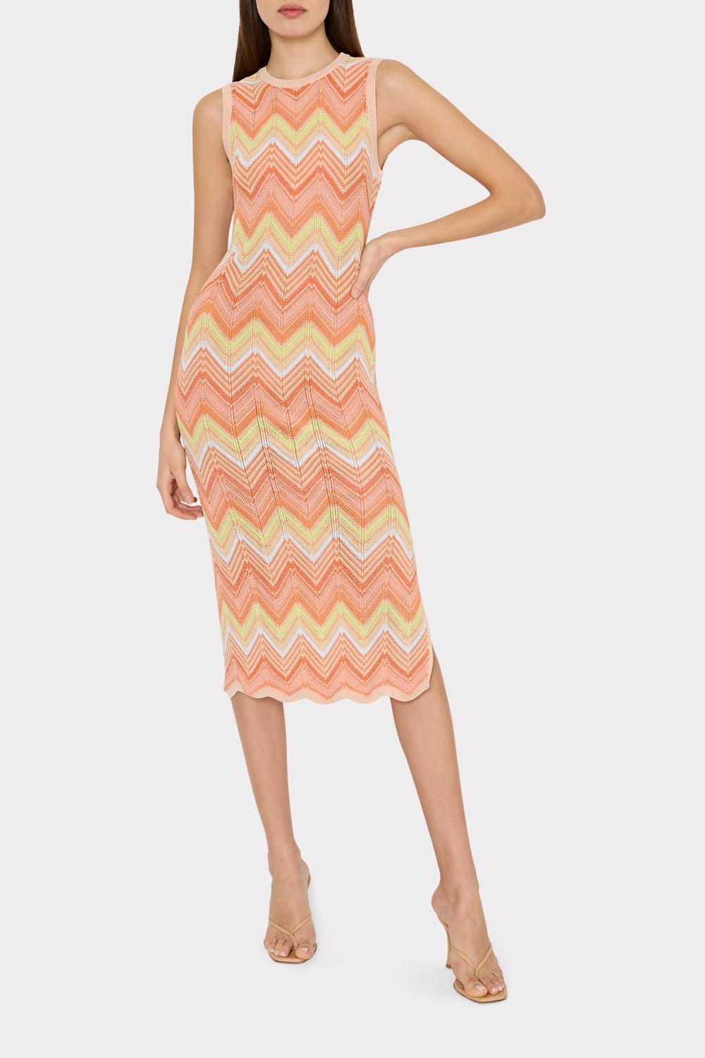 Multi Zig Zag Sleeveless Midi Dress - Coral Multi