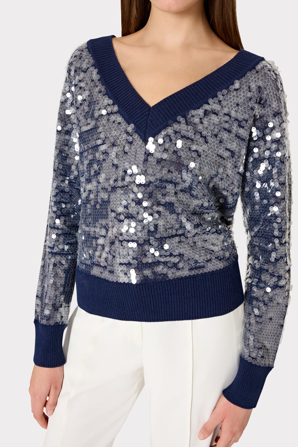 Ilaria Sequin V-Neck Sweater - Navy