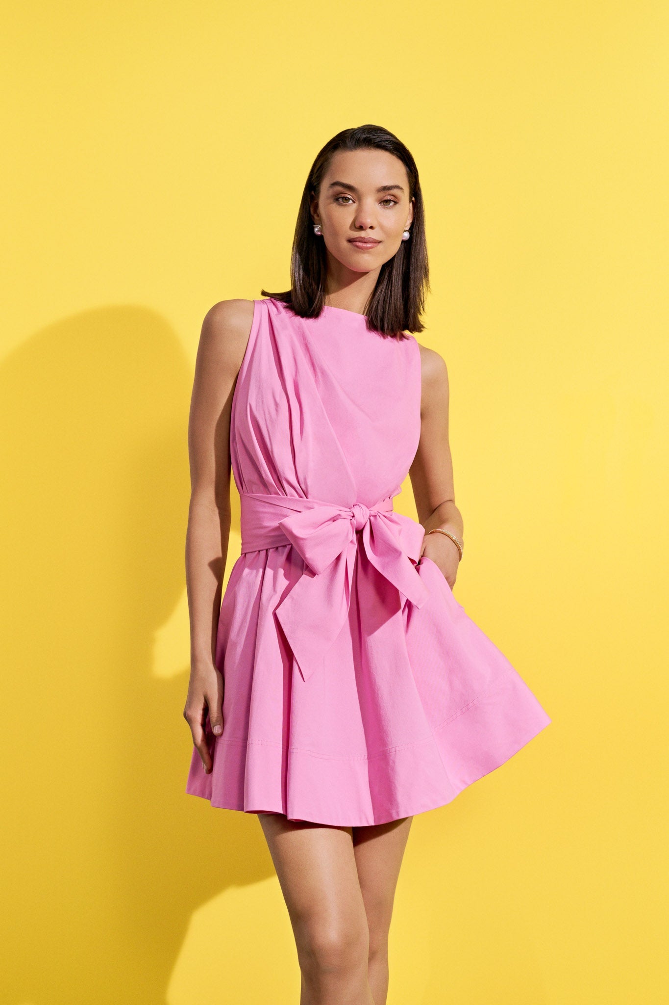 Draped Poplin Sleeveless Mini Dress - Pink