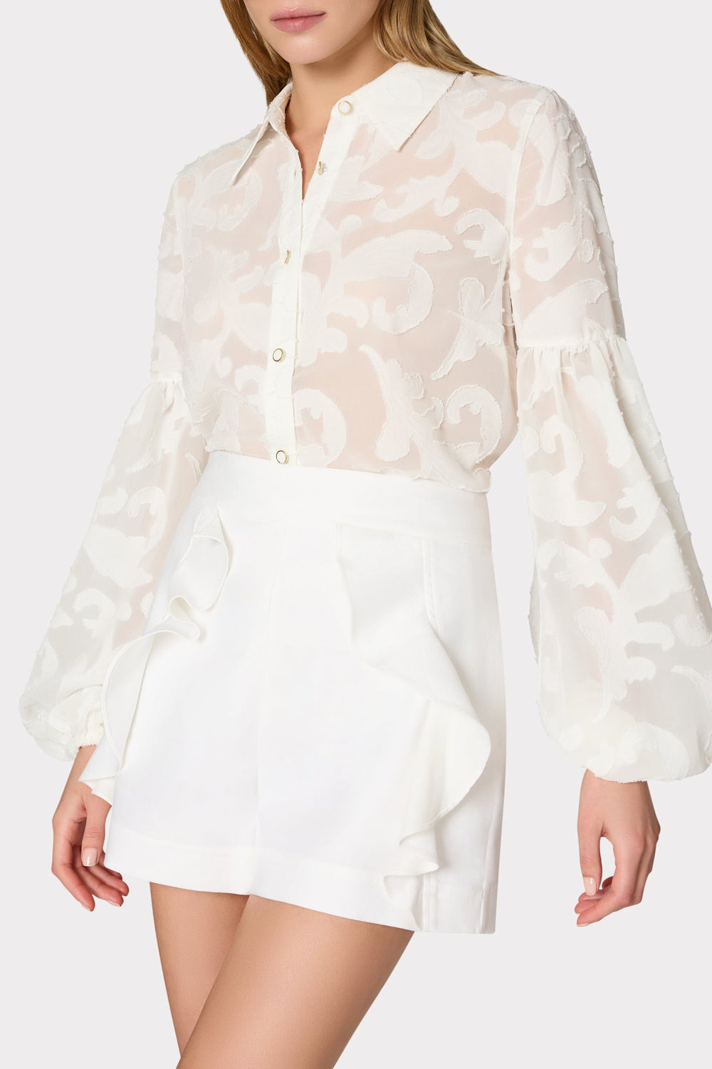 Scroll Burnout Button Up Top - White