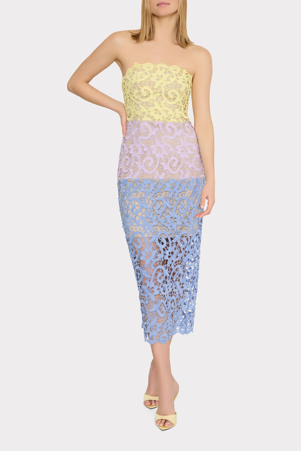 Kait Trois Color Lace Dress - Lavender/Blue/Yellow