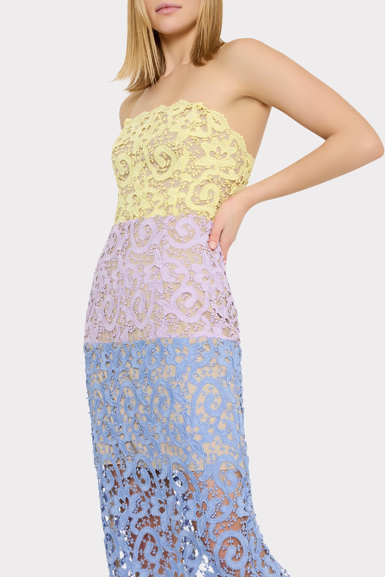 Kait Trois Color Lace Dress - Lavender/Blue/Yellow